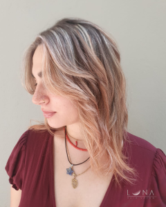 Brunette balayage with soft caramel highlights at Luna Hair Salon Barcelona