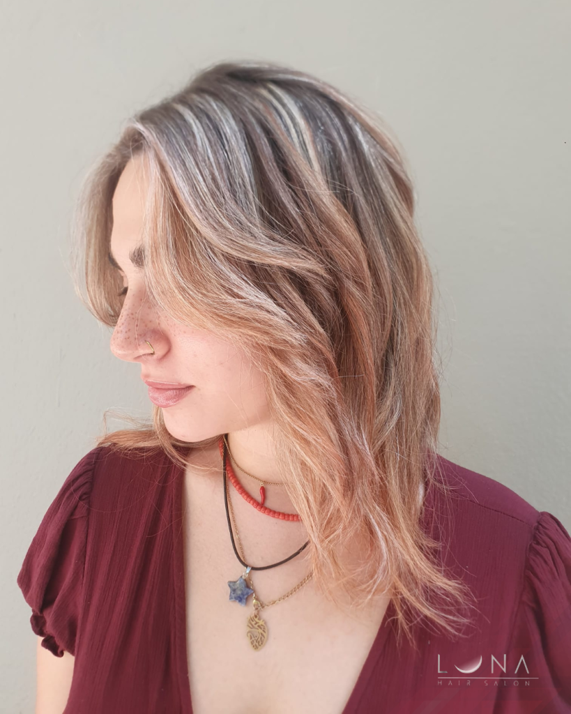 Brunette balayage with soft caramel highlights at Luna Hair Salon Barcelona